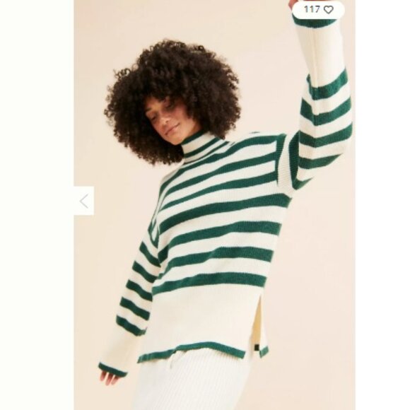 Anthropologie Flat White Striped Turtleneck Sweater, Green & White | Size XS - Picture 1 of 8